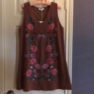 Umgee Brown Sleeveless Floral Embroidered A-Line Dress